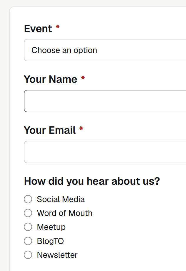 The RSVP form created in Formulize